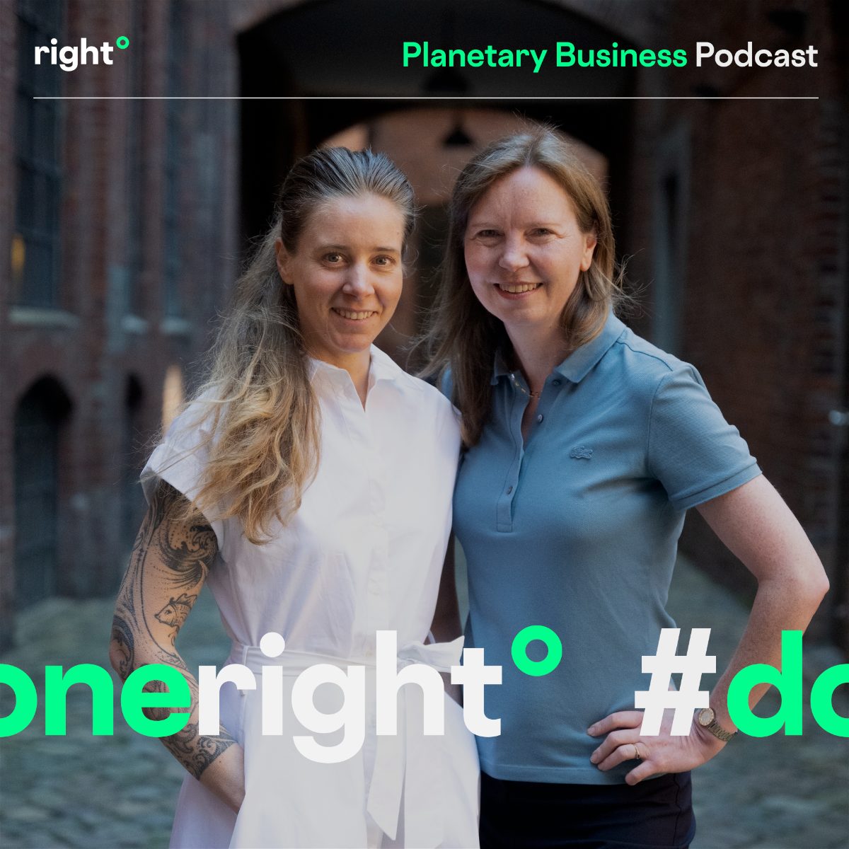 Covergrafik des Planetary Business Podcasts: Host Stefanie Hauer und Gast Hannah Helmke von right° posieren in einer Backstein-Gasse; Textbanner mit Podcast-Titel oben.